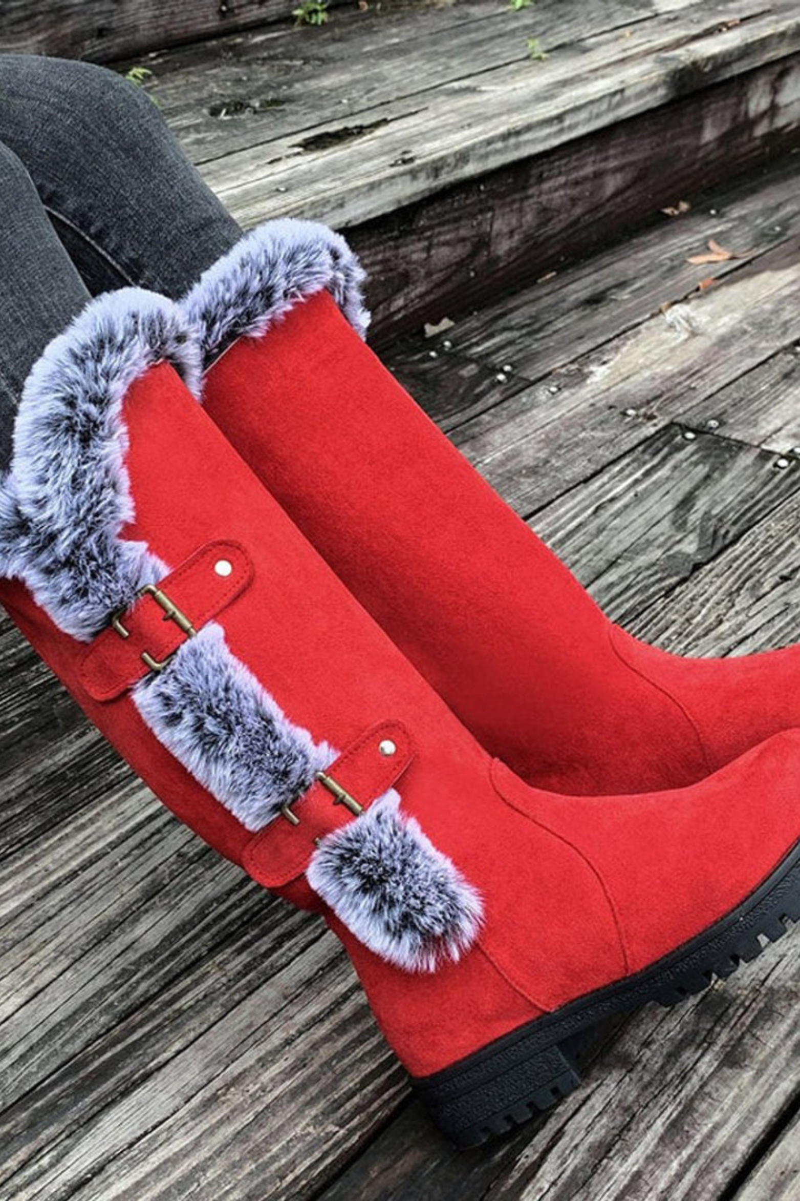 Women’s Faux Suede Winter Boots – Fur Lined Buckle Knee High Boots