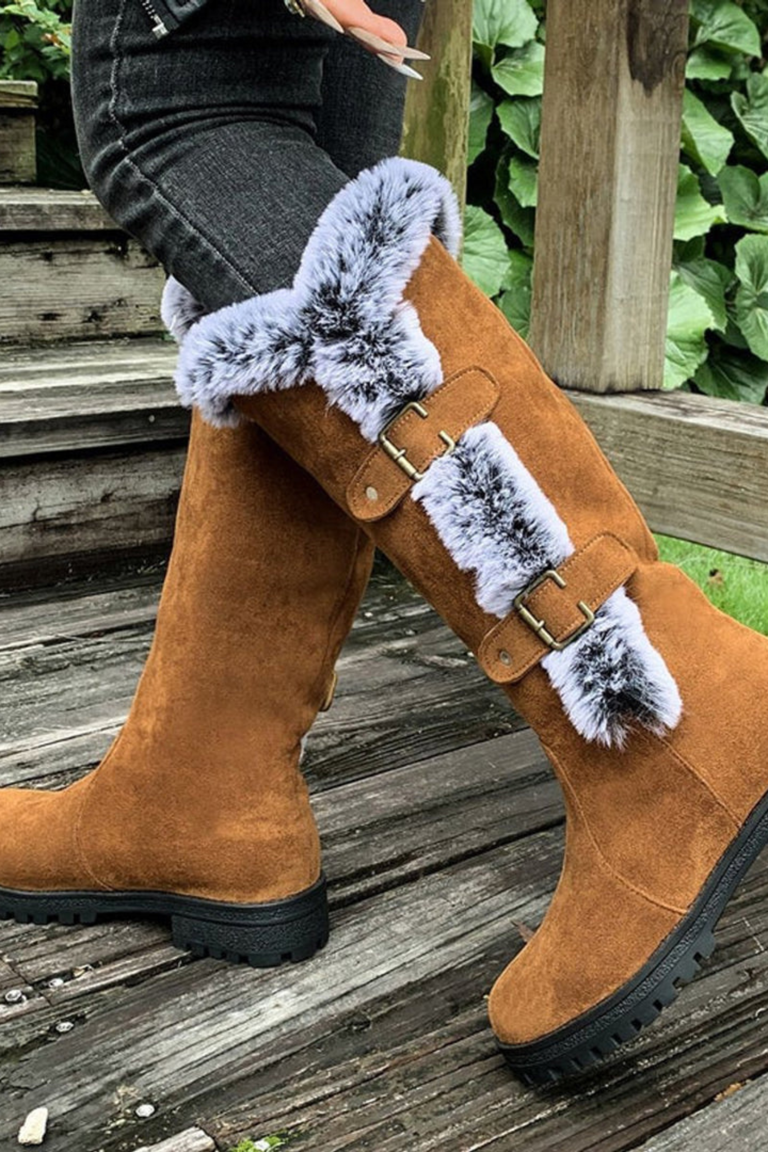 Women’s Faux Suede Winter Boots – Fur Lined Buckle Knee High Boots