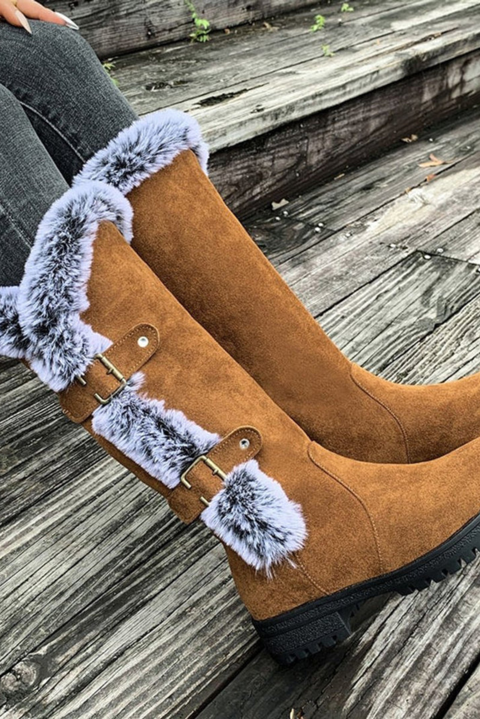 Women’s Faux Suede Winter Boots – Fur Lined Buckle Knee High Boots
