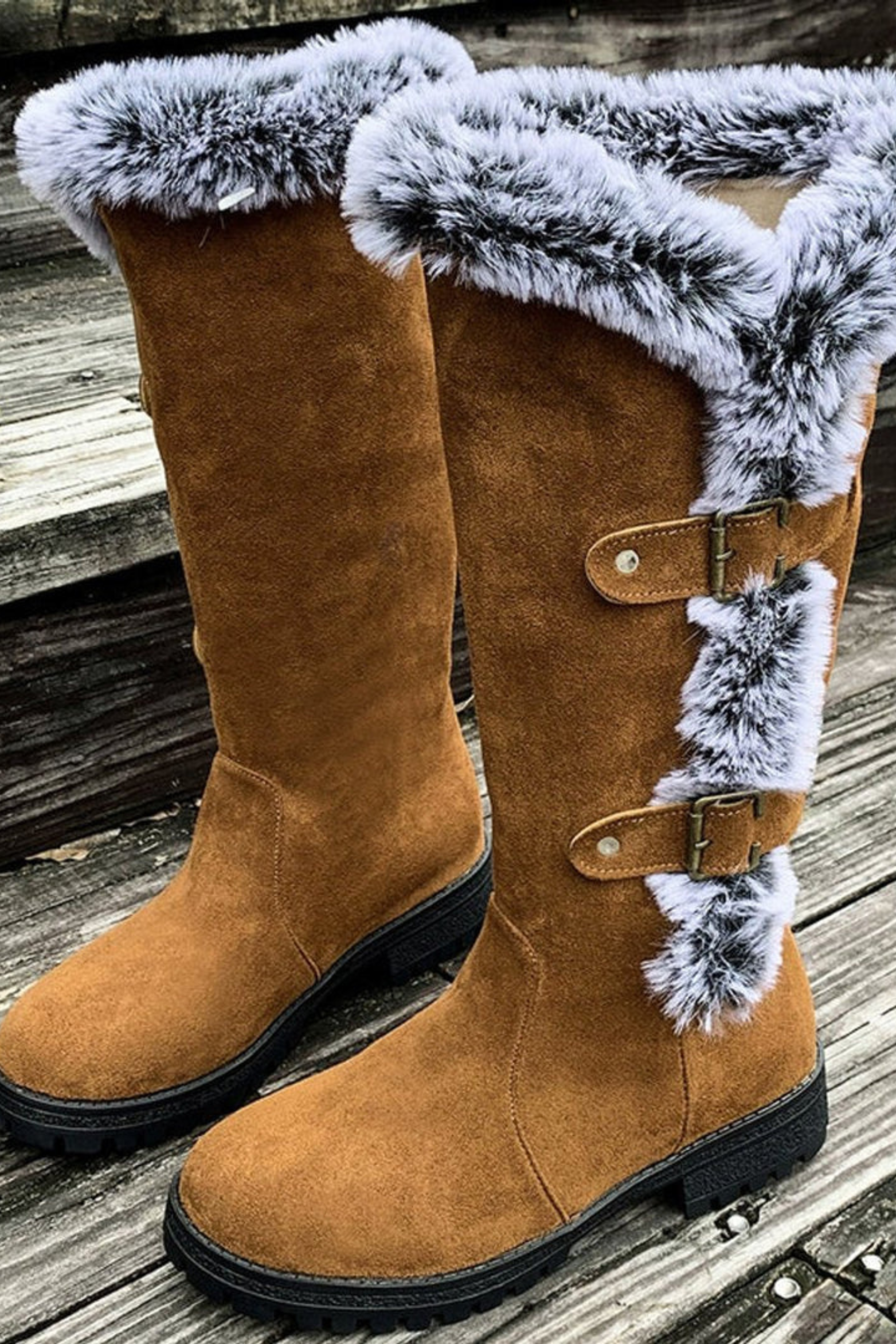 Women’s Faux Suede Winter Boots – Fur Lined Buckle Knee High Boots