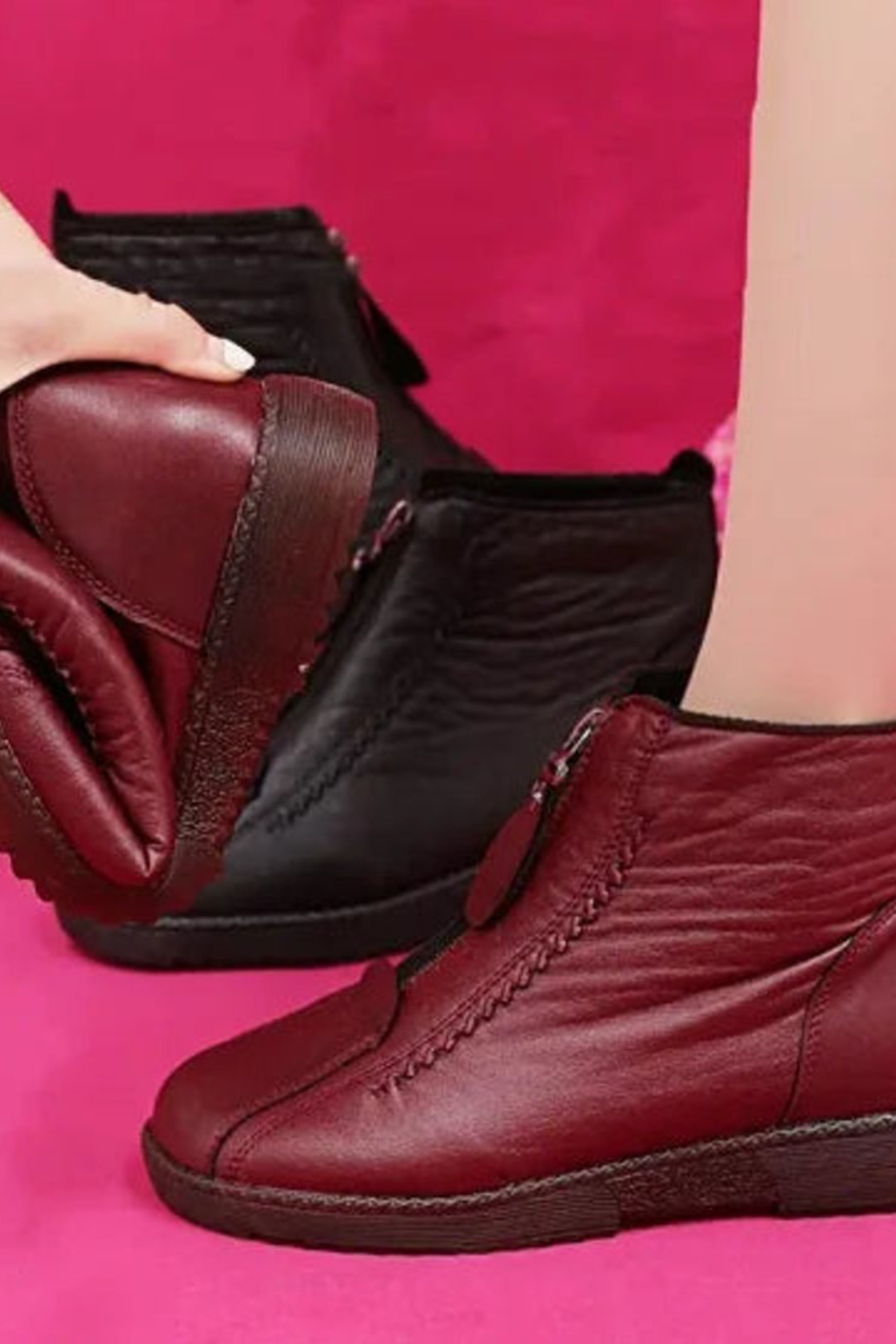 Women’s Leather Ankle Boots – Front Zip Low Heel Booties