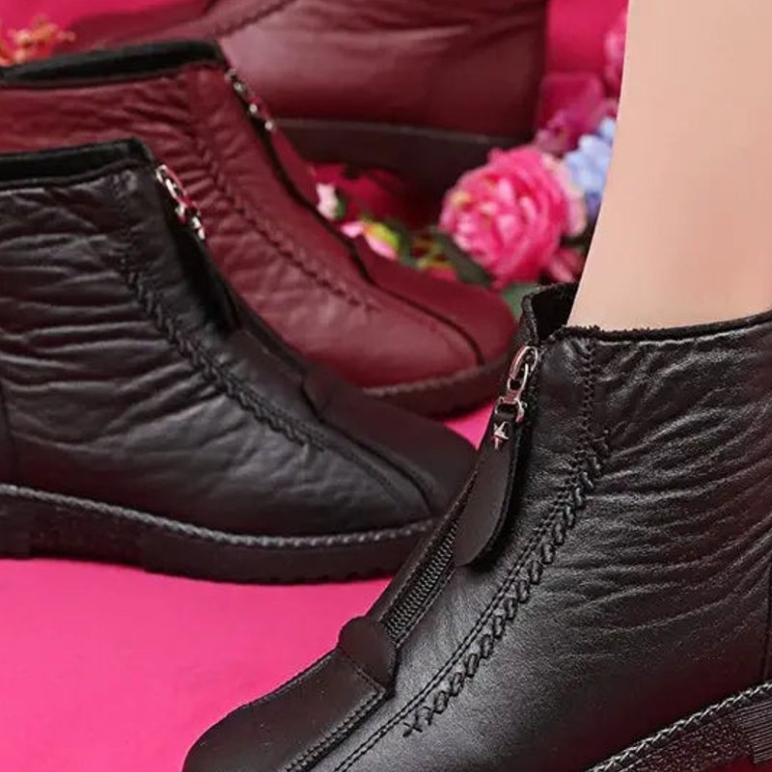 Women’s Leather Ankle Boots – Front Zip Low Heel Booties