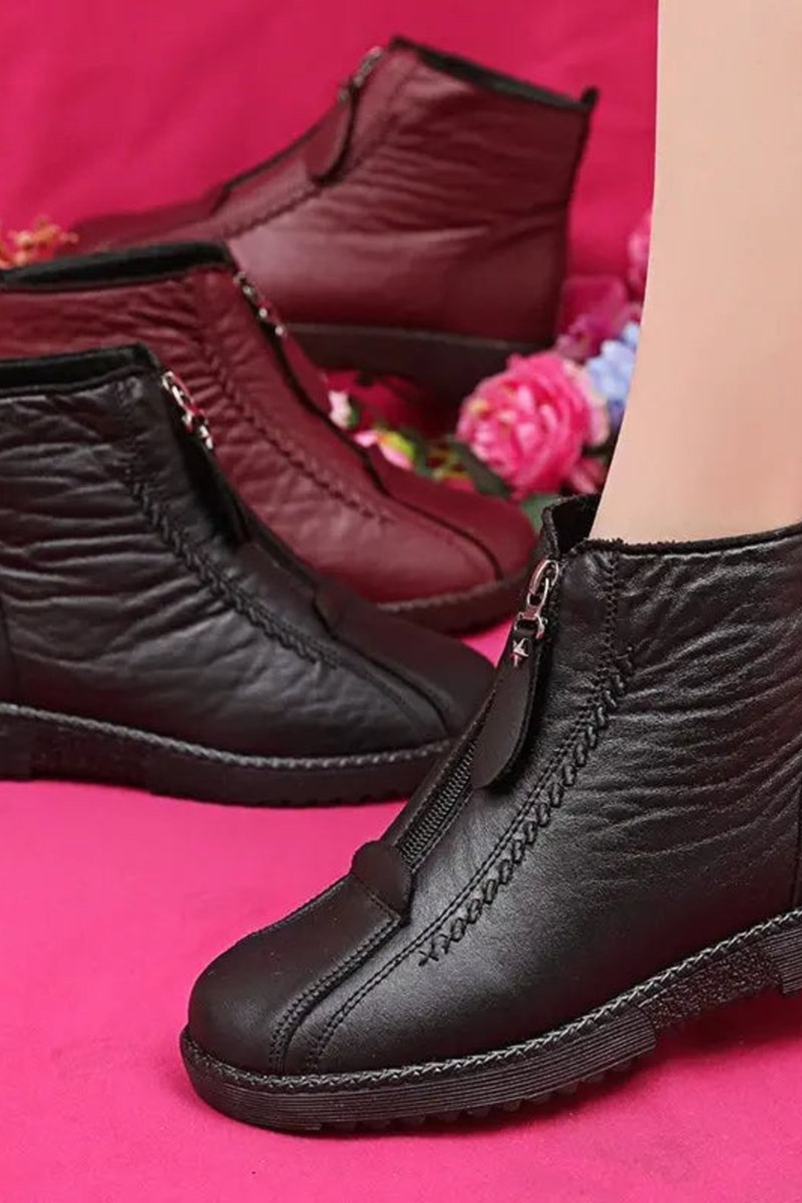 Women’s Leather Ankle Boots – Front Zip Low Heel Booties