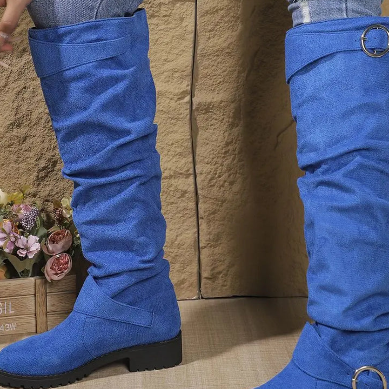 Women’s Slouchy Knee High Boots – Buckle Low Heel Boots