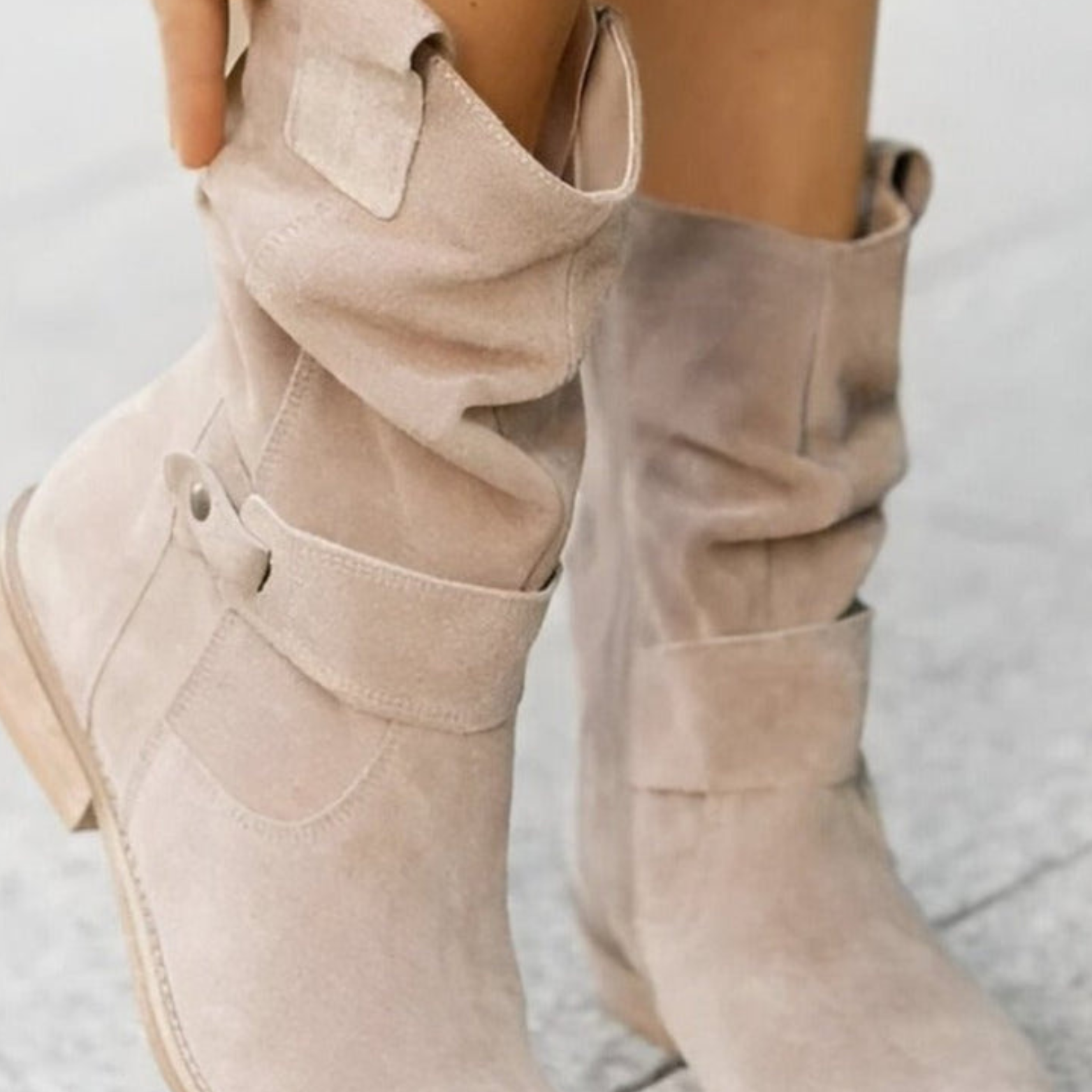 Women’s Faux Suede Slouchy Ankle Boots – Buckle Low Heel Booties