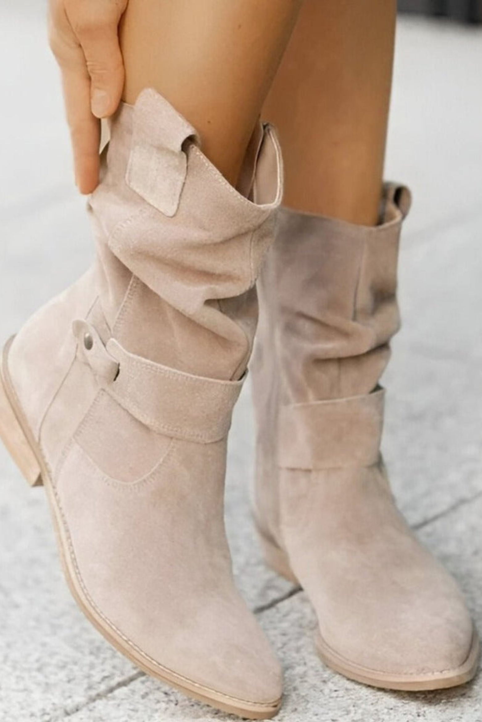 Women’s Faux Suede Slouchy Ankle Boots – Buckle Low Heel Booties