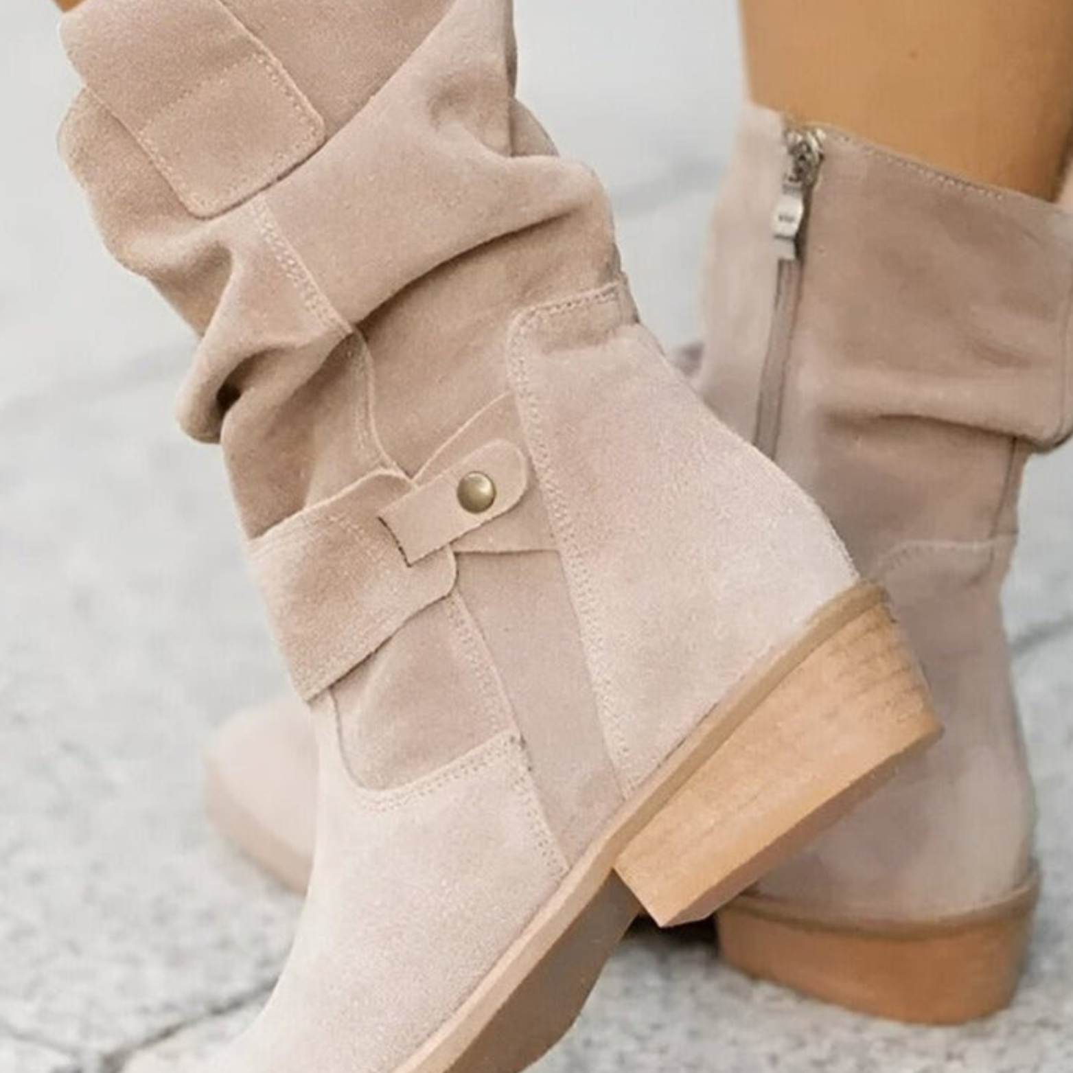 Women’s Faux Suede Slouchy Ankle Boots – Buckle Low Heel Booties