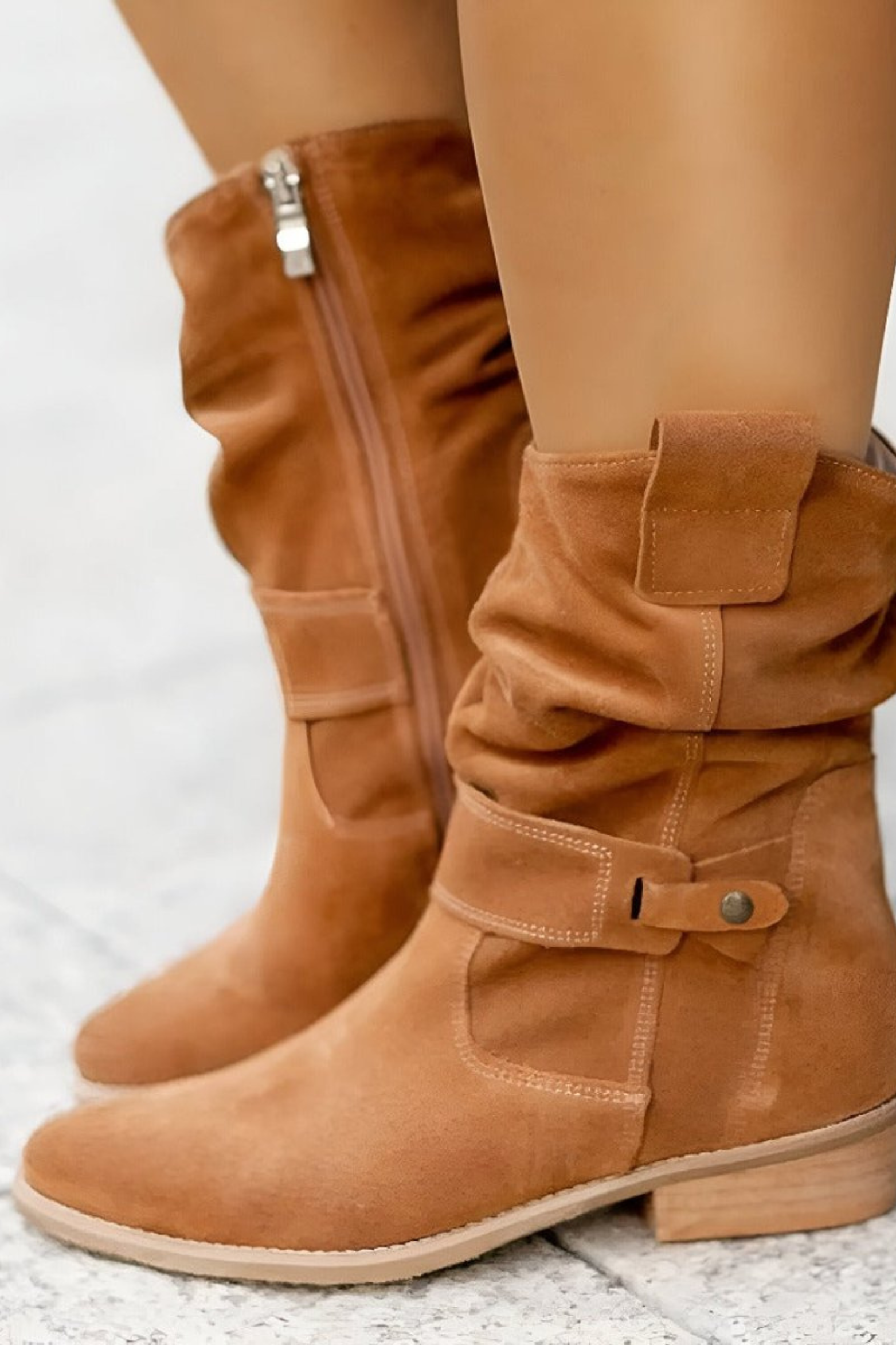 Women’s Faux Suede Slouchy Ankle Boots – Buckle Low Heel Booties