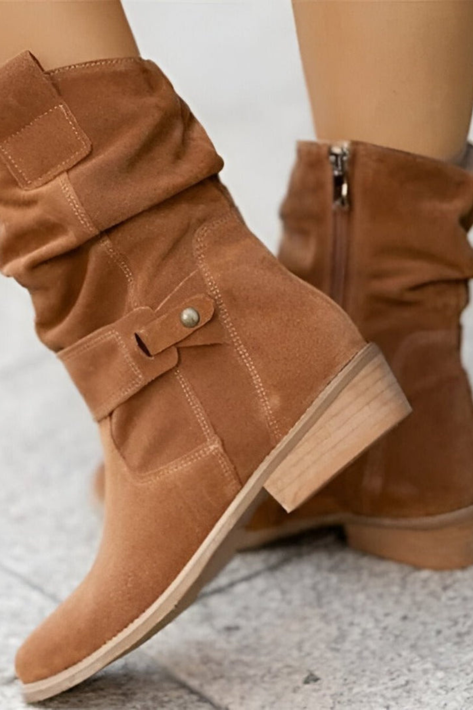 Women’s Faux Suede Slouchy Ankle Boots – Buckle Low Heel Booties