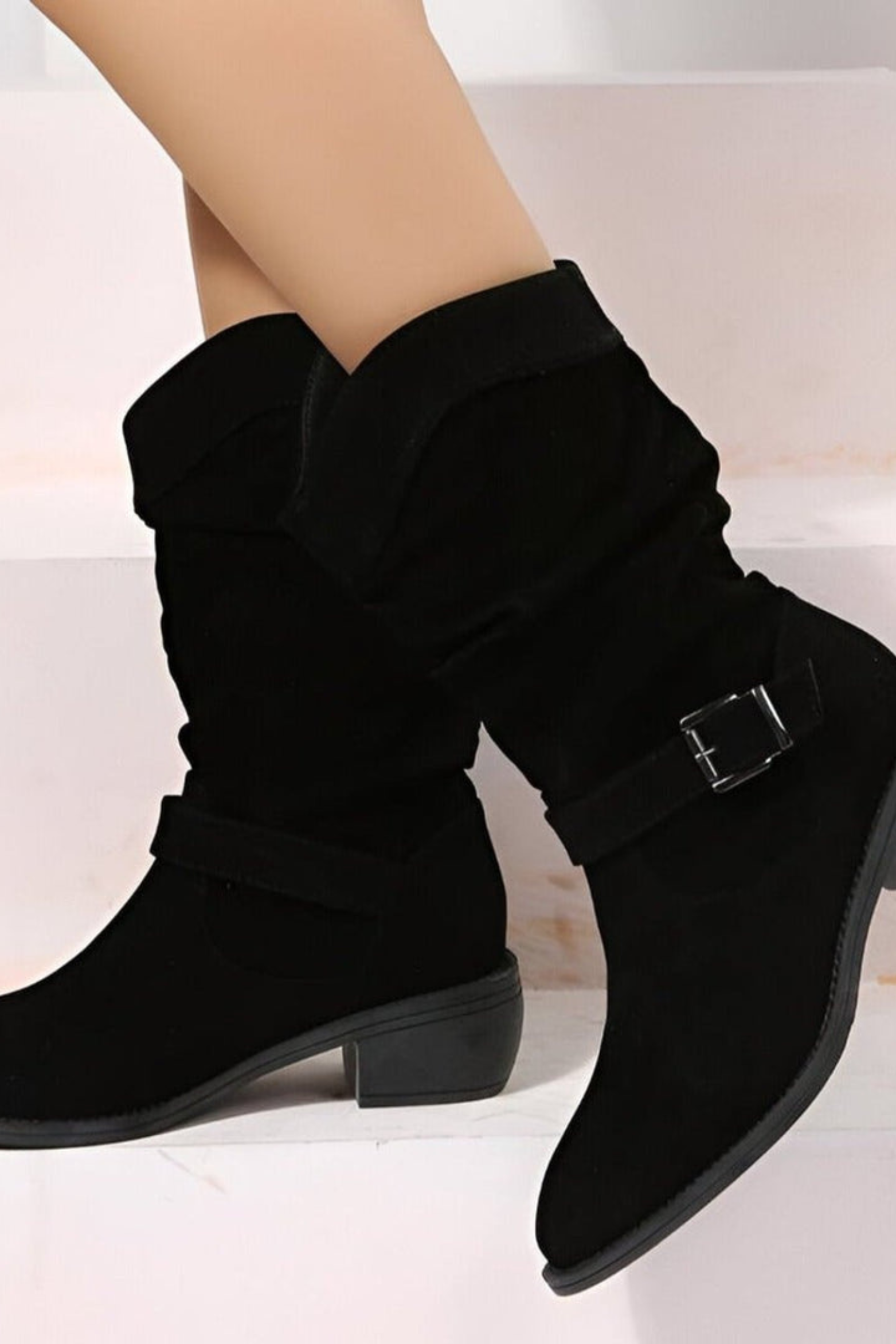 Women’s Faux Suede Slouchy Ankle Boots – Buckle Low Heel Booties