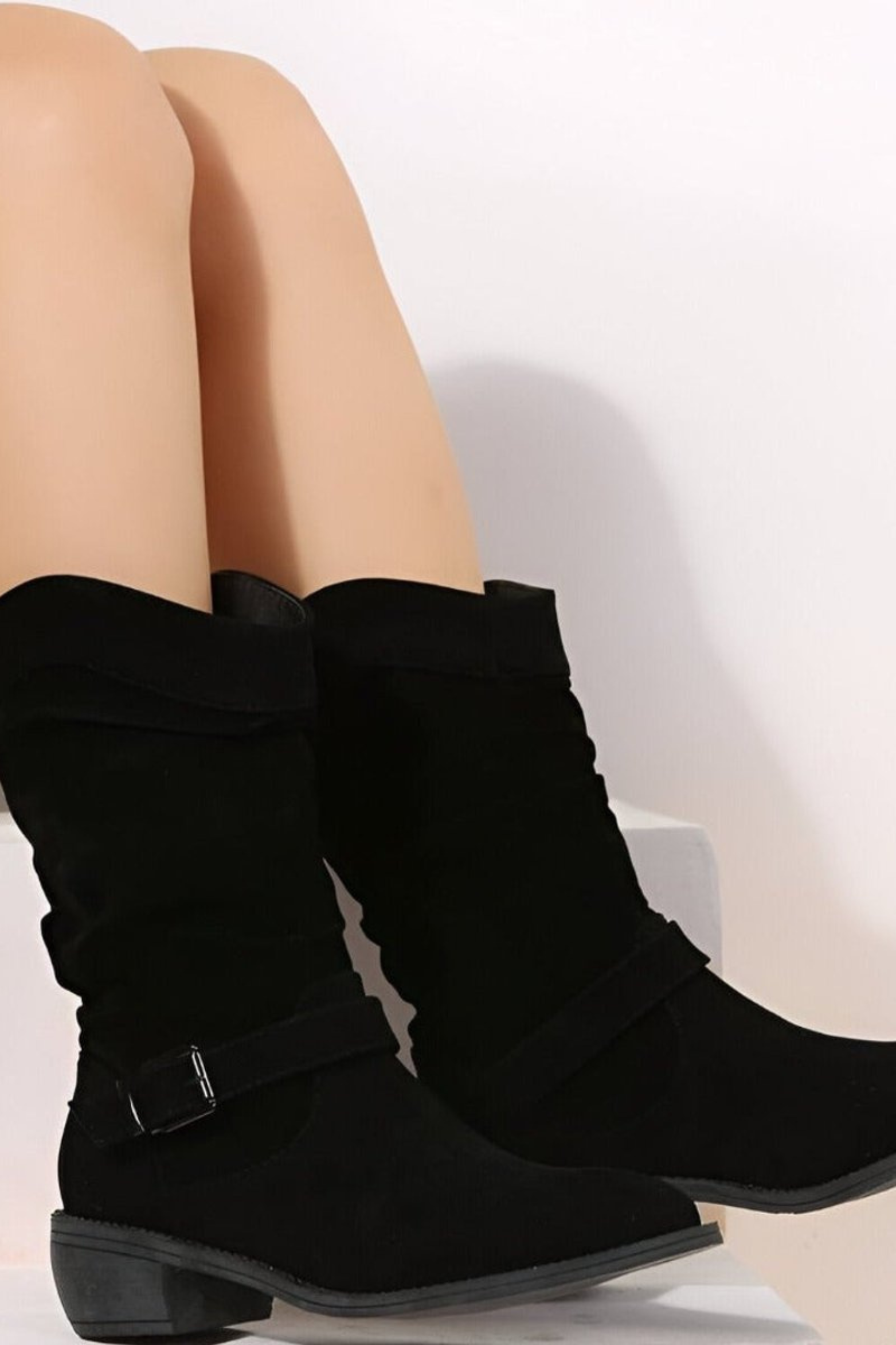 Women’s Faux Suede Slouchy Ankle Boots – Buckle Low Heel Booties