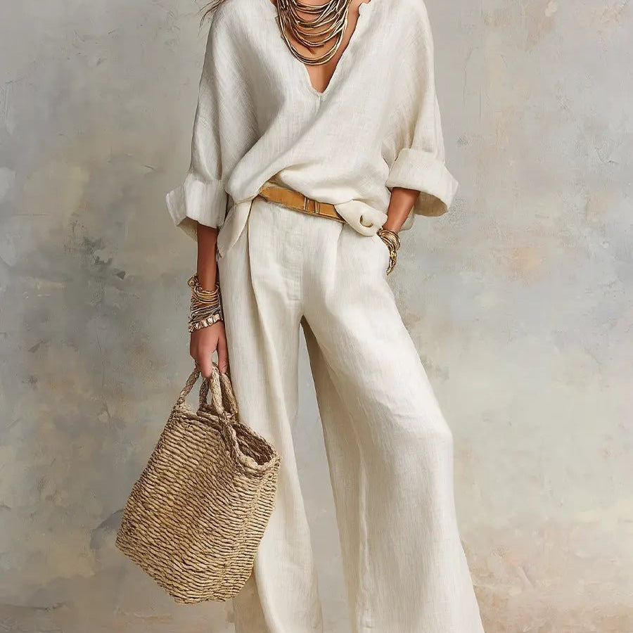 Women's Casual Linen Wide Leg Two Piece Set