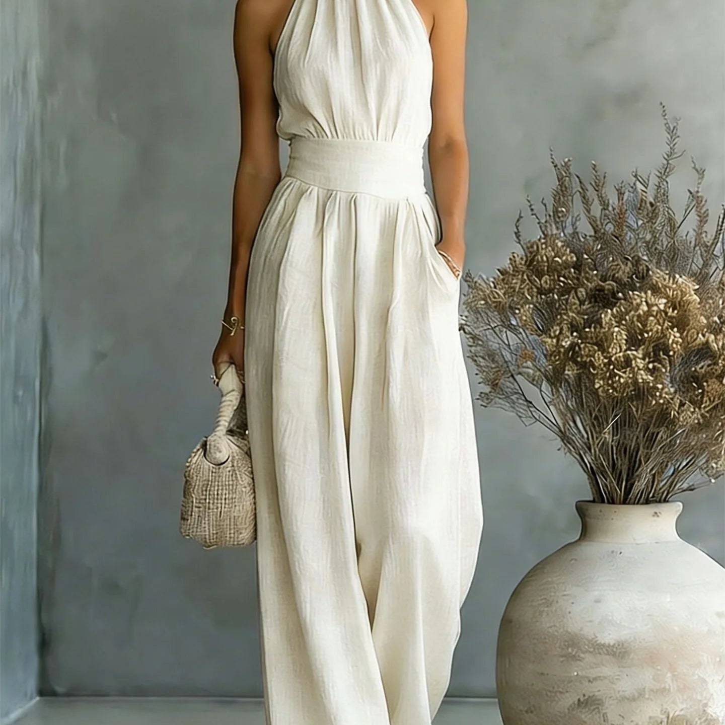 Women's Elegant Halter Draped Wide Leg Jumpsuit