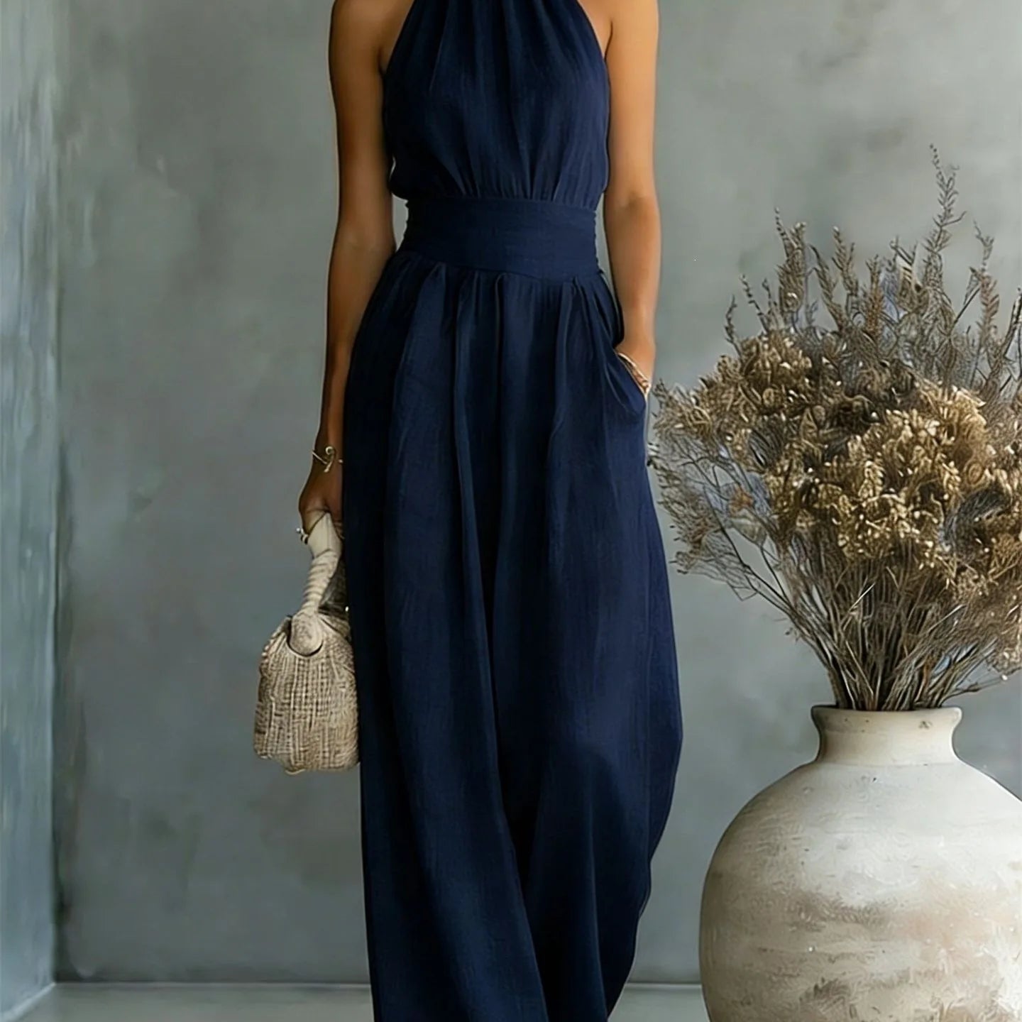 Women's Elegant Halter Draped Wide Leg Jumpsuit