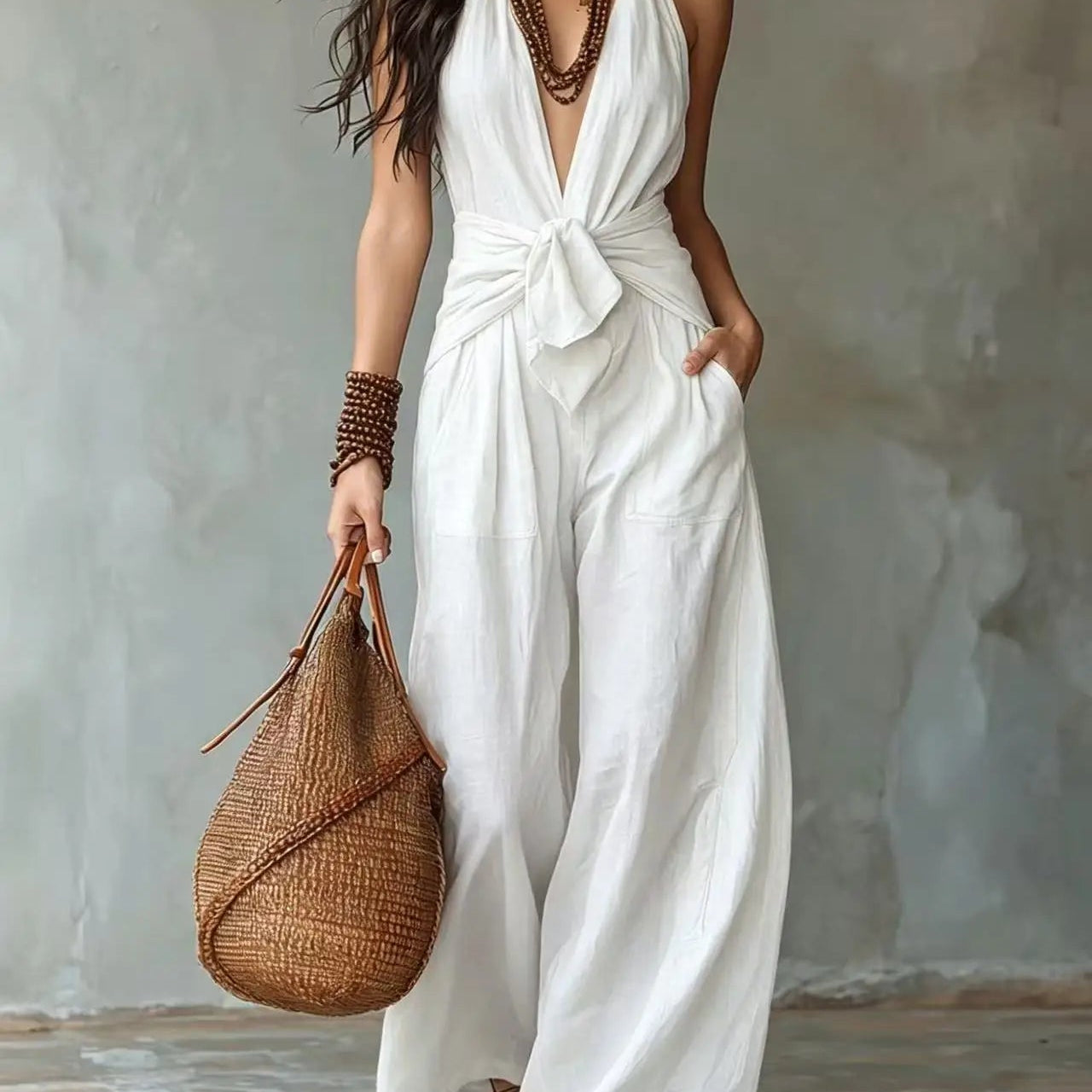 Women's Elegant Flowy Deep V-Neck Jumpsuit