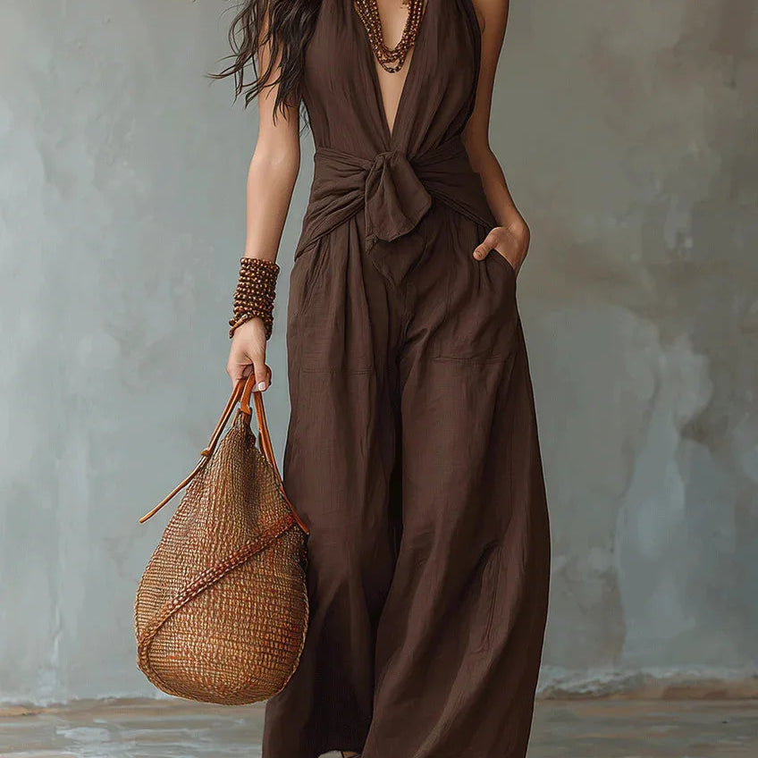 Women's Elegant Flowy Deep V-Neck Jumpsuit