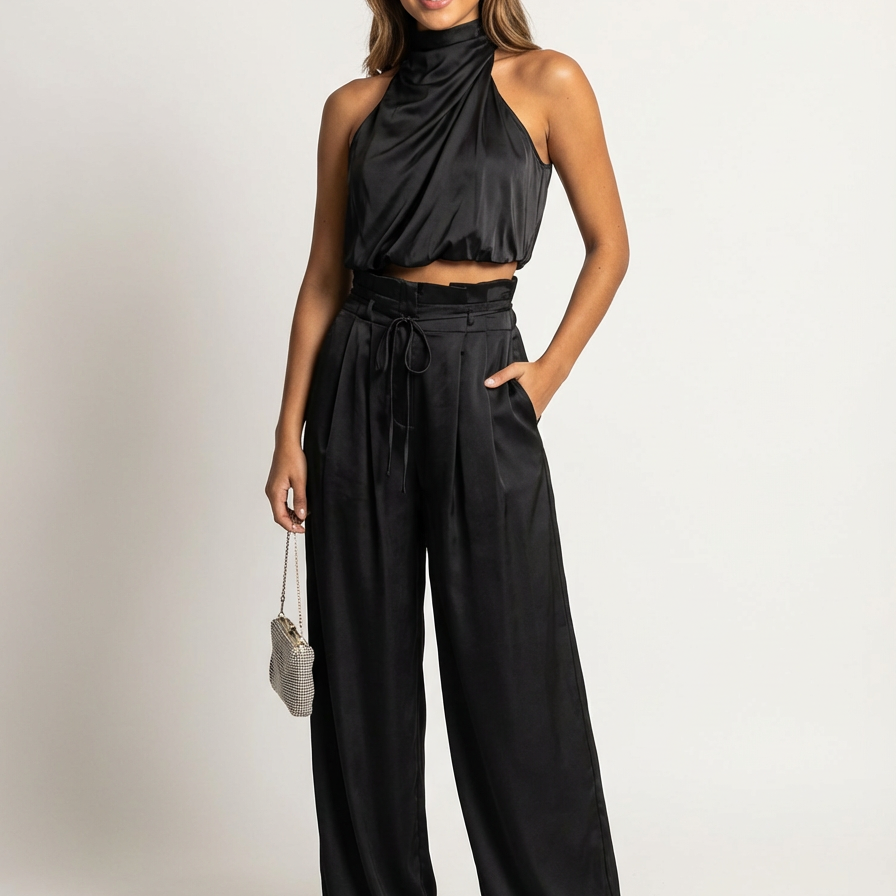 Women's Elegant Satin Halter Top and Wide Leg Trousers Set
