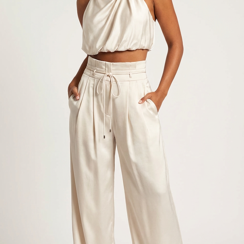 Women's Elegant Satin Halter Top and Wide Leg Trousers Set