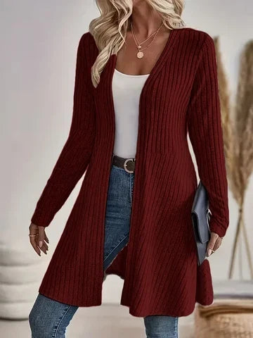 Women's Casual Ribbed V Neck Long Cardigan