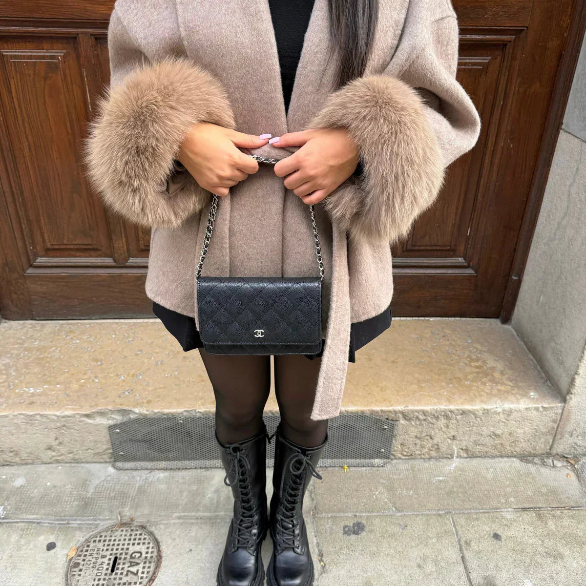 Women's Fur Cuff Wrap Coat – Elegant Belted Poncho Winter Jacket