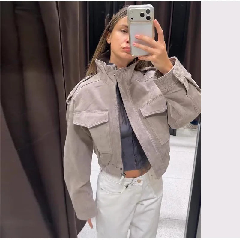 Women's Cropped Suede Bomber Jacket — Gray