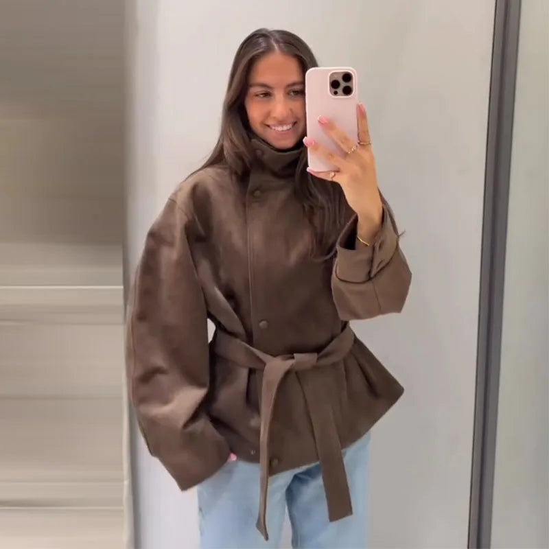 Women's Belted Suede High Collar Jacket — Brown