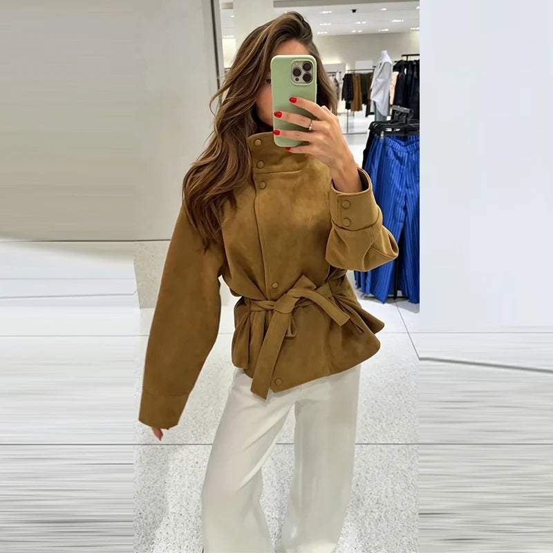 Women's Belted Suede High Collar Jacket — Khaki