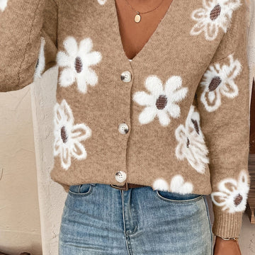 Women's Floral V Neck Button Front Cardigan