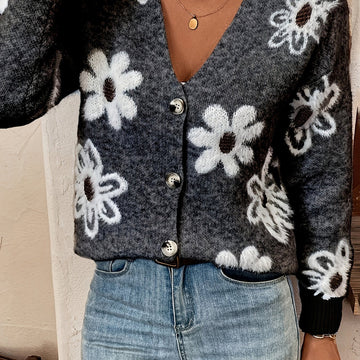 Women's Floral V Neck Button Front Cardigan