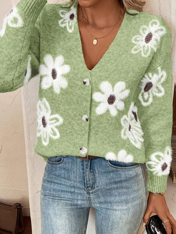 Women's Floral V Neck Button Front Cardigan