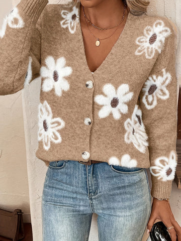 Women's Floral V Neck Button Front Cardigan