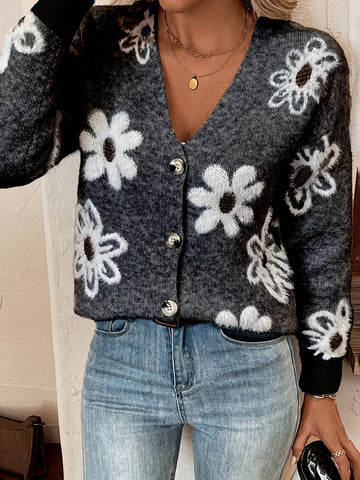 Women's Floral V Neck Button Front Cardigan