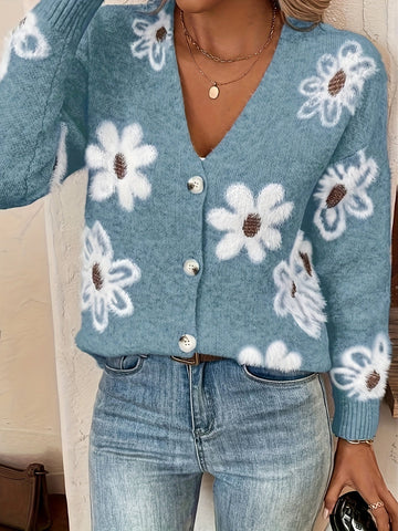 Women's Floral V Neck Button Front Cardigan