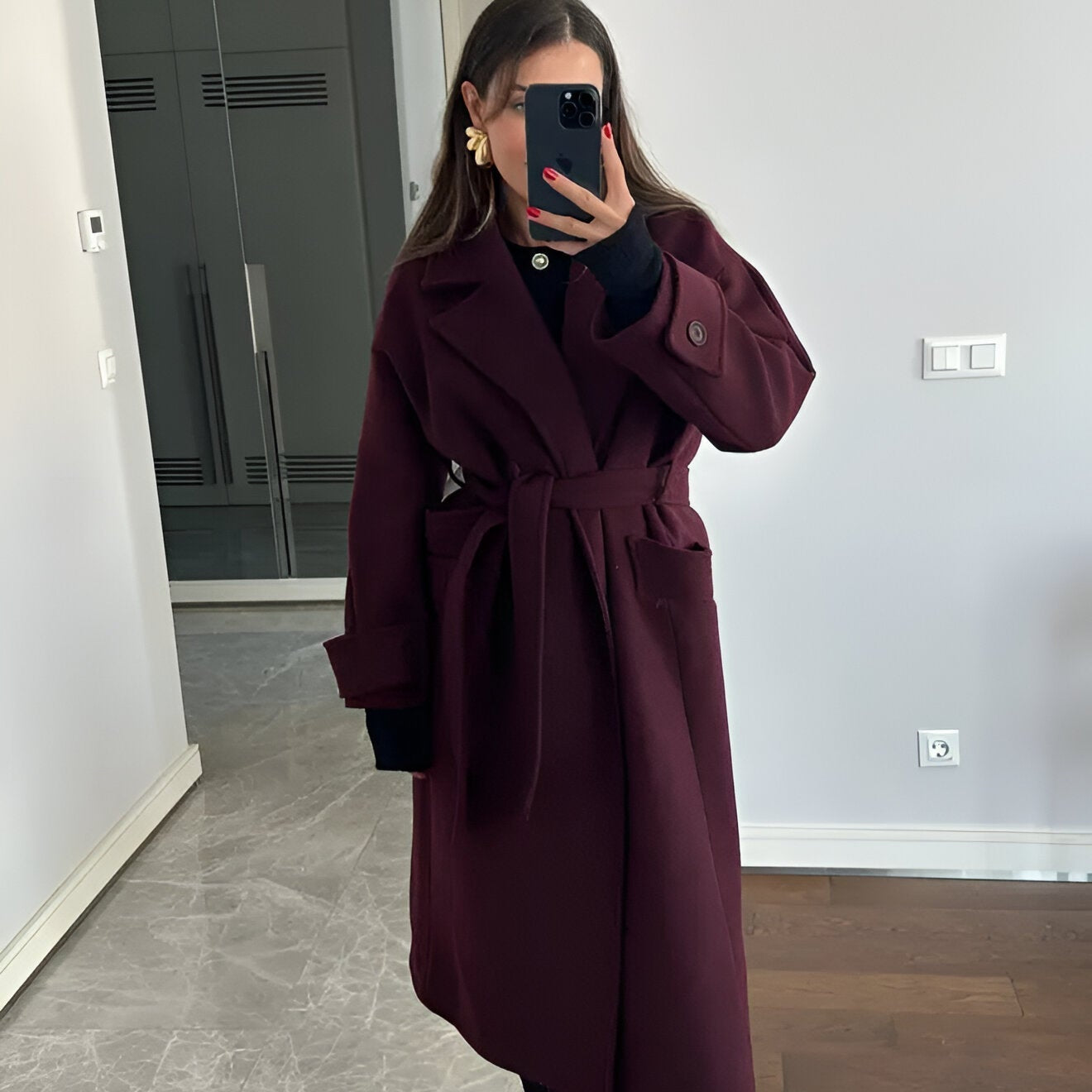 Women's Burgundy Long Wool Blend Trench Coat – Belted Double Breasted Winter Overcoat
