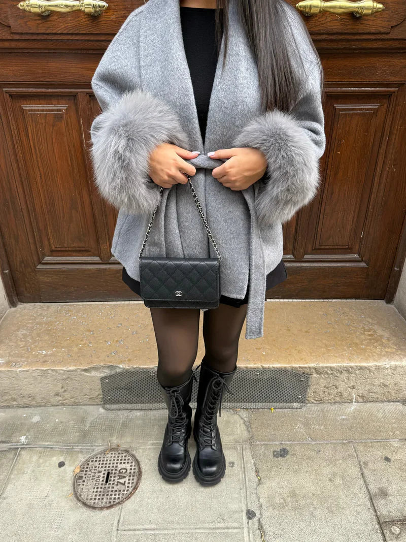 Women's Fur Cuff Wrap Coat – Elegant Belted Poncho Winter Jacket