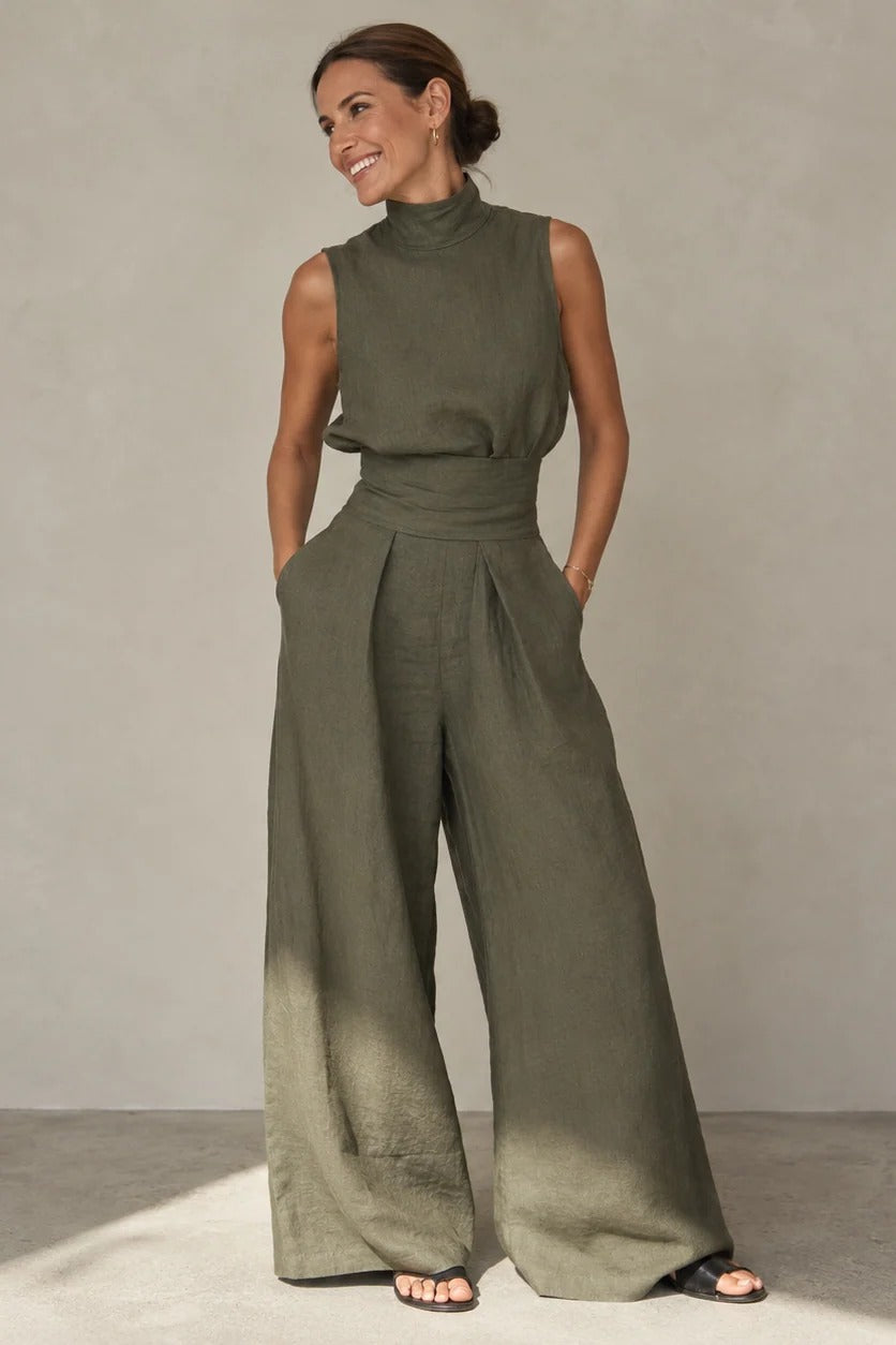 Women's Mock Neck Wide Leg Jumpsuit with Pleated Waist