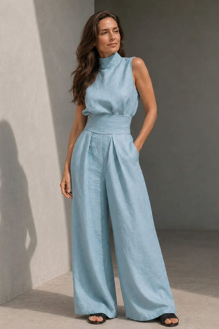 Women's Mock Neck Wide Leg Jumpsuit with Pleated Waist