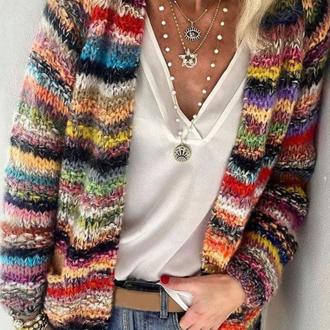 Women's Multicolor Striped Knit Open Front Cardigan