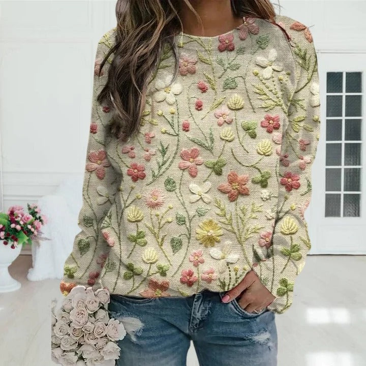 Women's Floral Embroidered Sweater with Crew Neck