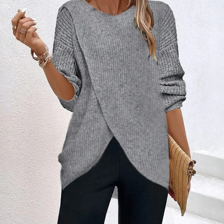 Women's Ribbed Sweater with Asymmetrical Slit Hem