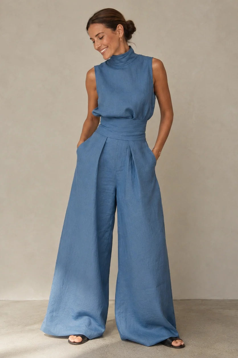 Women's Mock Neck Wide Leg Jumpsuit with Pleated Waist