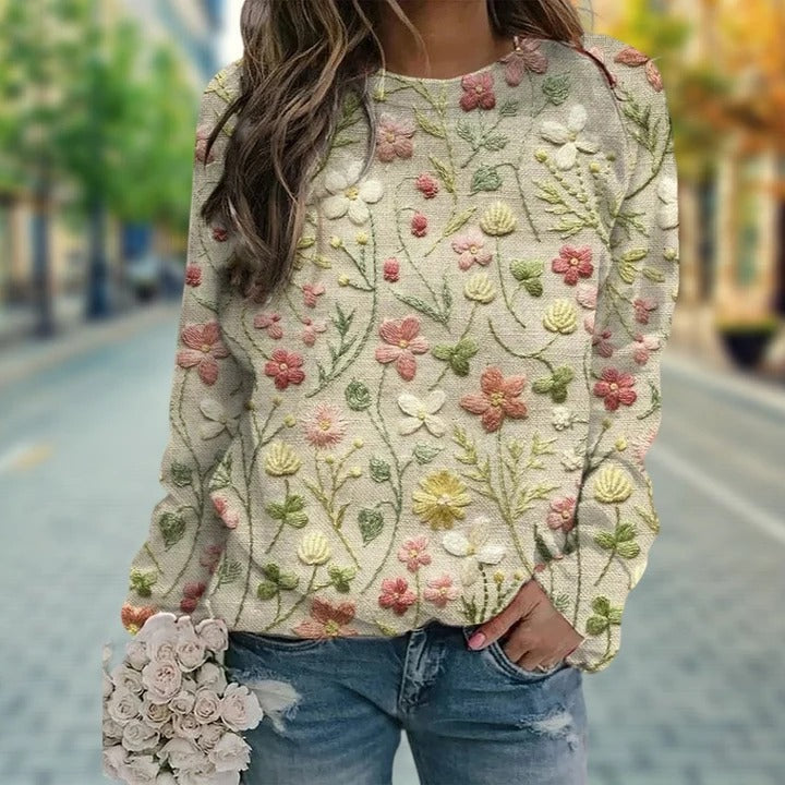 Women's Floral Embroidered Sweater with Crew Neck