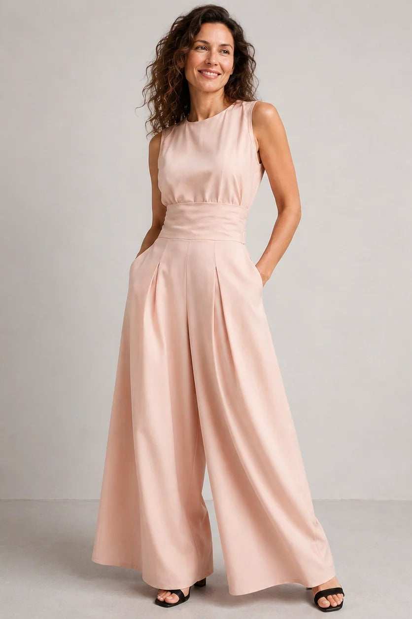 Women's Mock Neck Wide Leg Jumpsuit with Pleated Waist