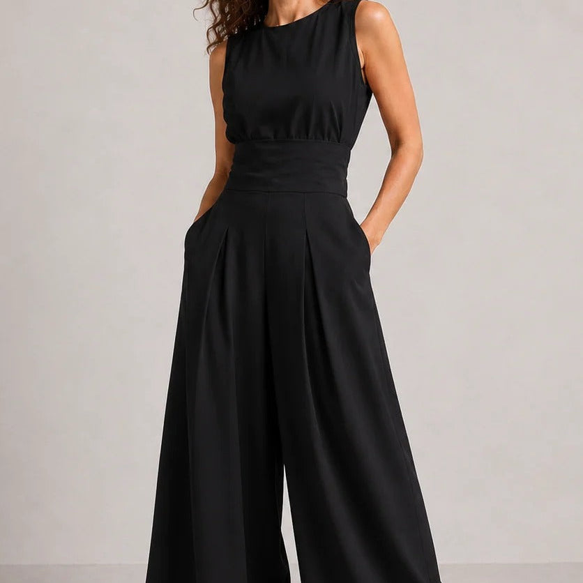 Women's Mock Neck Wide Leg Jumpsuit with Pleated Waist