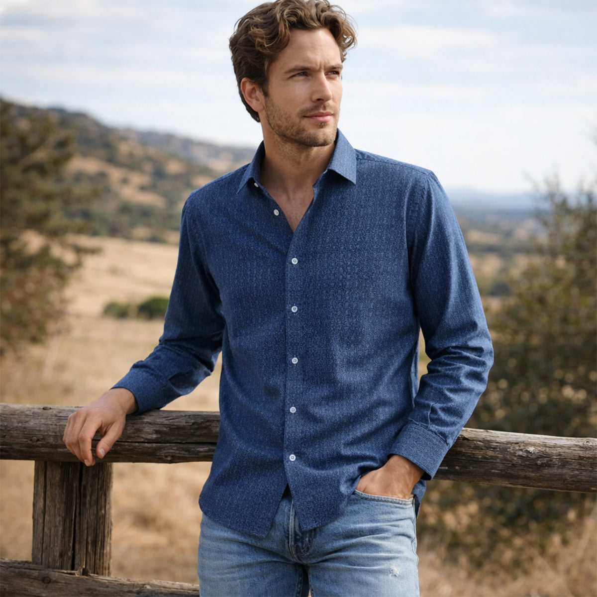 The Ashwood Park Men’s Two Tone Patchwork Western Vintage Denim Shirt