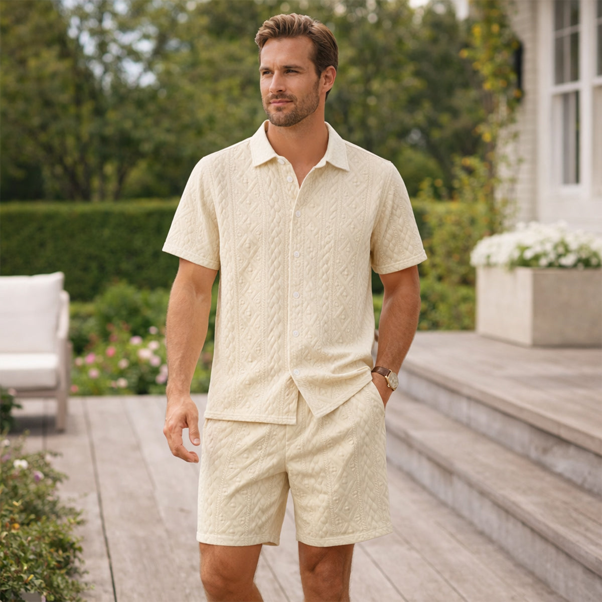 The Pinecrest Park Men’s Textured Casual Summer Set – Shirt & Shorts Set