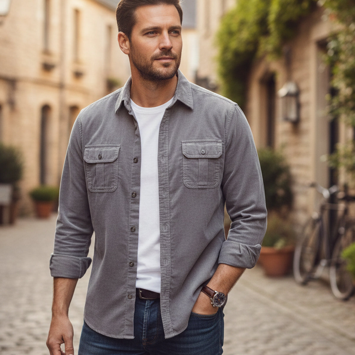 The Veneto Men’s Trendy Button-Up Corduroy Shirt