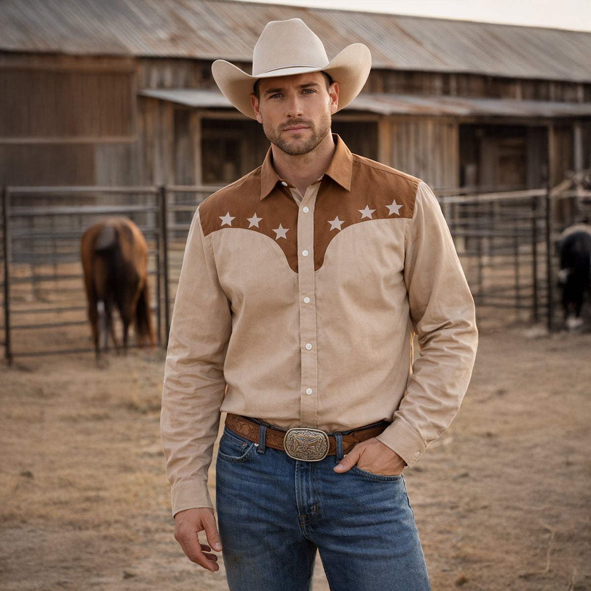 The Linfield Men’s Two-Tone Patchwork Western Trendy Denim Shirt