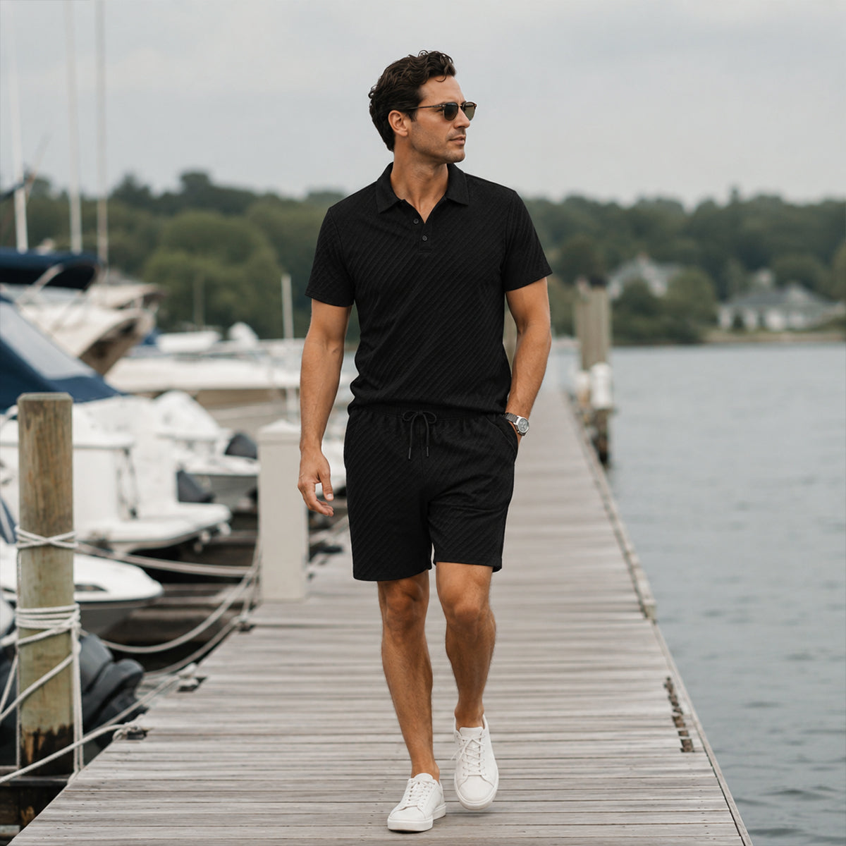 The Surrey Men’s Summer Jacquard Polo & Shorts Set – Lightweight Beach Outfit