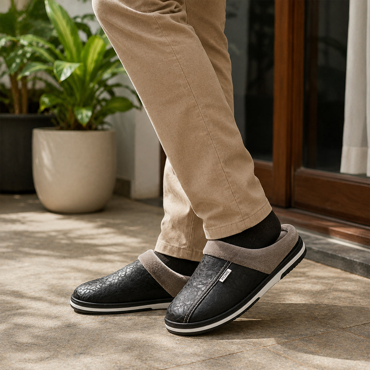 The Lampeter Men's Warm Fur Lined Leather Mule House Shoes
